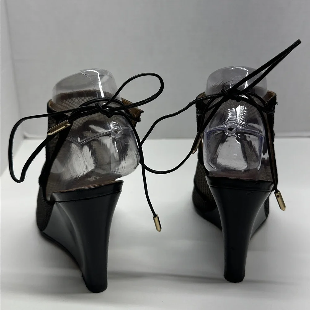 Aquazzura Sexy Thing Suede Wedges Heeled Sandals Open Toe Mesh Black Size 7.5